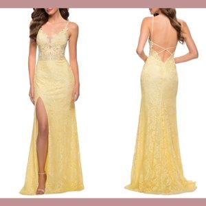 NEW La Femme [ 2 ] Stretch Lace High Slit Gown in Pale Yellow
